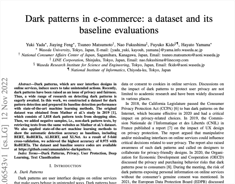 Dark Patterns in e-commerce: a dataset and its base line evaluation